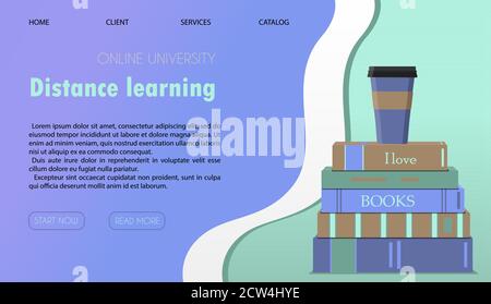 Illustrazione vettoriale di un sito Web per l'apprendimento a distanza, l'istruzione online e il lavoro. Un'illustrazione piatta della pagina principale dell'app mobile con una pila di libri, una tazza di caffè e un laptop per condurre lezioni online, conferenze e visualizzare i compiti da casa. Illustrazione Vettoriale