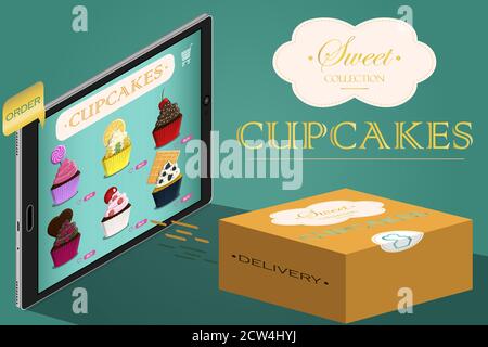 Ordinazione e consegna online di deliziosi cupcake con crema, condimento e frutta. Ordinate fast food da casa utilizzando l'app sul vostro smartphone. Illustrazione isometrica vettoriale con una landing page e un web design. Negozio, pasticceria con pasticceria e prodotti da forno dolci. Poster per un sito Web o banner. Illustrazione Vettoriale