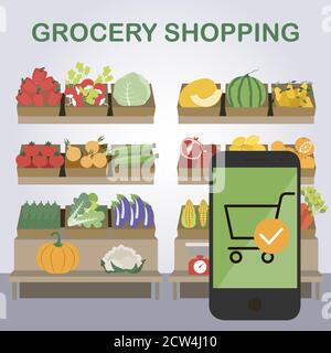Shopping online in un negozio di alimentari. Consegna di frutta e verdura a casa con un ordine tramite l'app mobile. Prodotti ecologici per tutta la famiglia, alimenti naturali. Carrello con frutta e verdura biologica. Illustrazione vettoriale. Illustrazione Vettoriale