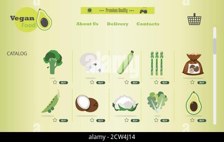 negozio online di cibo vegano e vegetariano. Illustrazione piatta del luogo con i prodotti e la loro consegna alla sede del compratore s. Un'app per smartphone o un sito Web che vende tutto per uno stile di vita sano e una nutrizione. Annunci sulla home page del vostro hobby e una scatola di consegna sul vostro laptop. Illustrazione Vettoriale
