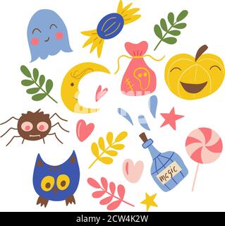Set di cartoni animati per la festa di halloween. Grafica vettoriale brillante per la progettazione di poster, schede, adesivi, stampe per vestiti per bambini, per quaderni Illustrazione Vettoriale