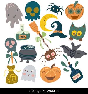 Set di elementi tradizionali per la progettazione di carte, poster per la celebrazione di Halloween. Grafica vettoriale su sfondo bianco Illustrazione Vettoriale