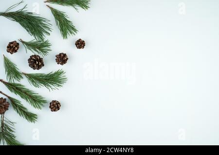 Cornice Natale-sfondo di rami di pino e coni su uno sfondo blu in cemento, vista dall'alto. Foto Stock