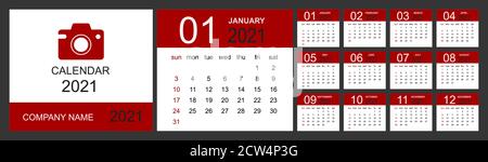 Calendario 2021. Modello calendario scrivania. Set di 12 mesi, pianificatore, la settimana inizia la domenica. Illustrazione vettoriale isolata Illustrazione Vettoriale