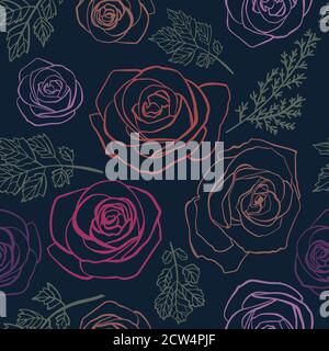 Motivo di sfondo senza giunture Roses. Linee di contorno e tratti disegnati a mano. Vettore Foto Stock