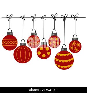 Set di giocattoli dell'albero di Natale: Palline rosse con un ornamento. Sfondo bianco, grafica vettoriale, per la progettazione di biglietti, poster, stampe, carta da imballaggio Illustrazione Vettoriale