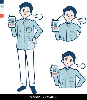 Uomo in uno shirtwith pagamento senza contanti su smartphone immagini disturbate. Si tratta di grafica vettoriale, quindi è facile da modificare. Illustrazione Vettoriale