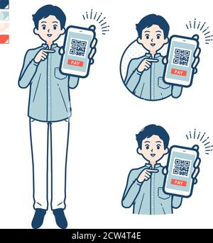 Uomo in uno shirtwith pagamento senza contanti sulle immagini dello smartphone. Si tratta di grafica vettoriale, quindi è facile da modificare. Illustrazione Vettoriale