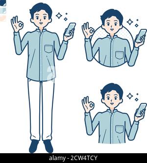 Uomo in uno shirtwith tenere uno smartphone e fare un OK segno immagini. Si tratta di grafica vettoriale, quindi è facile da modificare. Illustrazione Vettoriale