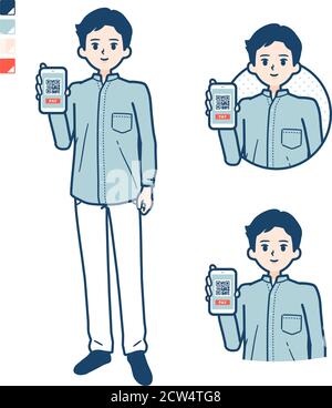 Uomo in uno shirtwith pagamento senza contanti sulle immagini dello smartphone. Si tratta di grafica vettoriale, quindi è facile da modificare. Illustrazione Vettoriale