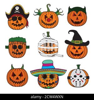 Set di zucche di Halloween stile cartoon vettoriale Illustrazione Vettoriale