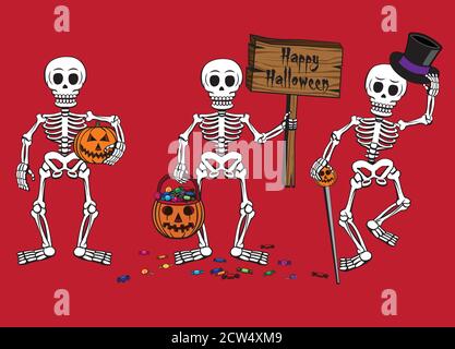 Happy Halloween tre scheletri illustrazione vettoriale Illustrazione Vettoriale