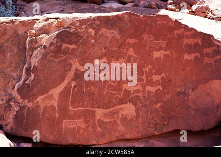 Incisioni rupestri preistoriche di animali adornano una lastra di arenaria a Twyfelfontein, Namibia. Si ritiene che le incisioni abbiano fino a 6000 anni. Foto Stock