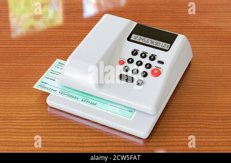 Moderno scrittore di assegni con assegno bancario sul tavolo di legno, rendering 3D Foto Stock