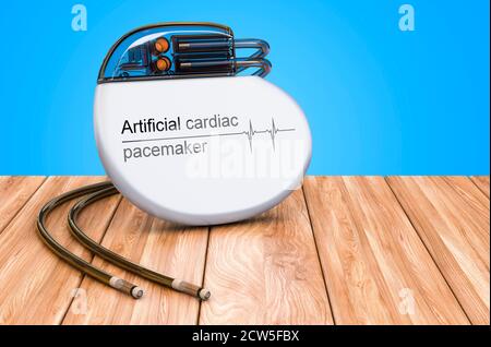 Pacemaker cardiaco artificiale sul tavolo in legno, rendering 3D Foto Stock
