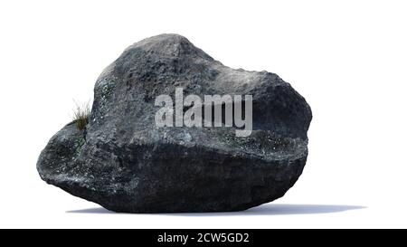 boulder ricoperto di muschio, licheni e erba, roccia isolata su sfondo bianco Foto Stock