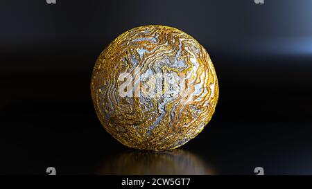 sfera astratta sullo sfondo del palco, palla in oro e argento con superficie erosa Foto Stock