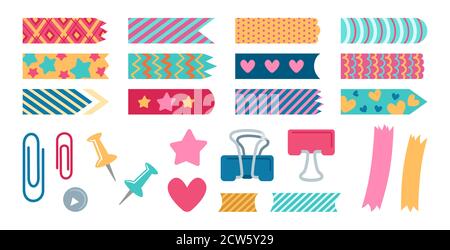 Set di cancelleria per la pianificazione di elementi per ufficio. Adesivi in carta e spille metalliche, segnalibri. Collezione di elementi di design per notebook, diario o conservazione di ricordi, album. Illustrazione vettoriale isolata Illustrazione Vettoriale