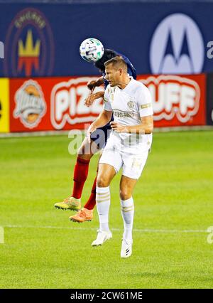 Chicago, USA, 27 settembre 2020. Major League Soccer (MLS) Atlanta United FC Forward Adam Jahn (14) testa la palla durante una partita contro il Chicago Fire FC al Soldier Field di Chicago, Illinois, USA. Il fuoco ha vinto 2-0. Credit: Tony Gadomski / All Sport Imaging / Alamy Live News Foto Stock