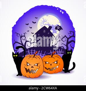 Illustrazione vettoriale di Halloween con teste di zucche e gatti sullo sfondo del cielo notturno della luna piena, stracci e casa abbandonata. Illustrazione Vettoriale