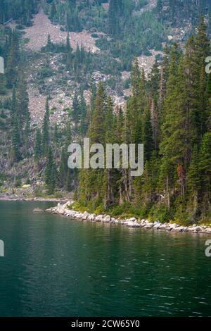 Vista verticale della costa del lago Snowmass attraverso alti pini di fronte alla Snowmass Mountain vicino ad Aspen, Colorado. Foto Stock