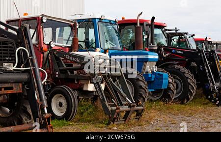 Umea, Norrland Svezia - 2 agosto 2020: Diversi trattori agricoli in piedi di fila Foto Stock