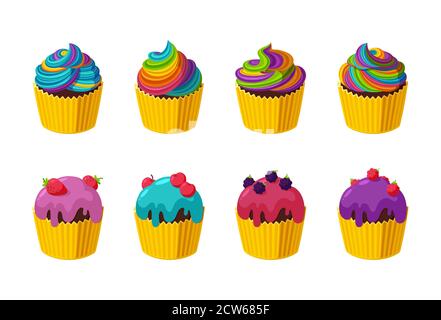 Cupcake con glassa colorata, ghiaccio arcobaleno e bacche. Grande set di cupcakes isolati su sfondo bianco. Illustrazione vettoriale in carino cartone animato Illustrazione Vettoriale