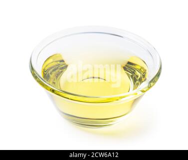 Olio vegetale in un recipiente di vetro su sfondo bianco Foto Stock