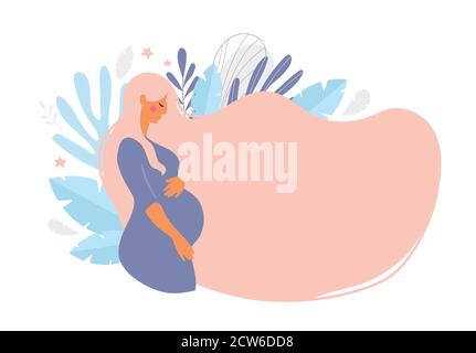 Cute donna incinta con lunghi capelli biondi su uno sfondo di foglie. Il concetto di gravidanza, maternità, famiglia. Design piatto con spazio di copia. Vista laterale della pancia incinta. Vettore stock isolato su sfondo bianco Illustrazione Vettoriale