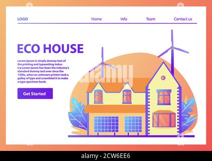 Landing page template.Renewable Energy House.pannello solare, turbina eolica. Illustrazione Vettoriale