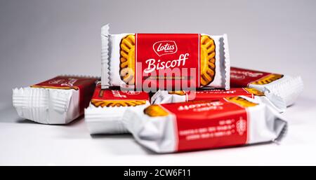 Qualche pacchetto di biscotti belgi al cioccolato Lotus Biscoff uno sfondo bianco Foto Stock