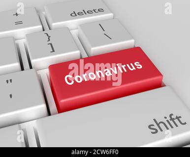 Parola Coronavirus scritto su una tastiera del computer. Immagine concettuale su una chiave del computer Invio. rendering 3d Foto Stock
