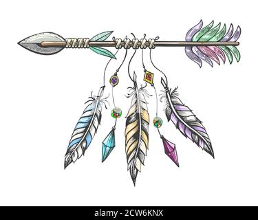 Freccia disegnata a mano con piume. Talismano indiana tribale boho isolato su sfondo bianco. Illustrazione vettoriale Illustrazione Vettoriale