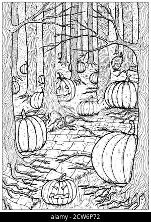 Illustrazione vettoriale in bianco e nero con percorso o trailway, spaventosa testa di zucca e lanterne che si nascondono dietro gli alberi oscuri in foresta o boschi. Ha Illustrazione Vettoriale
