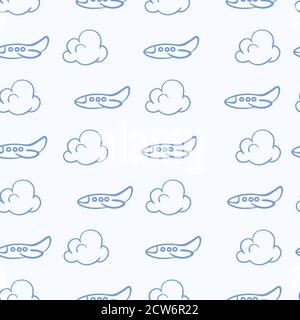 Modello senza giunture cloud e aeroplani. Sfondo vettore di viaggio Illustrazione Vettoriale