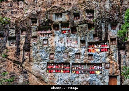 Tau Tau, effigi funerari, Lemo, Tona Toraja, Sulawesi del Sud, Isole della Grande Sunda, Indonesia Foto Stock