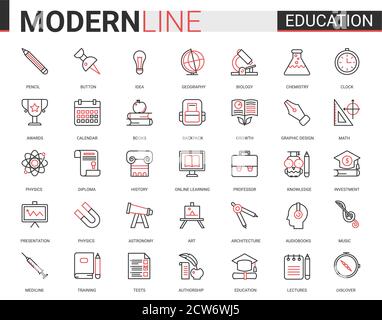 Set di illustrazioni vettoriali a forma di icona della linea rossa sottile per l'istruzione con scuola infografica, laboratorio o università, simboli didattici, attrezzature per esperimenti di laboratorio, libri scolastici e cancelleria Illustrazione Vettoriale