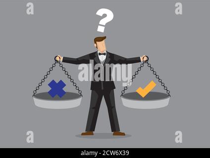 Uomo cartone animato con completo completo di tuta e cravatta di bilanciamento croce e segno di spunta su due vassoi di pesatura su entrambi i bracci. Illustrazione creativa vettoriale per etica Illustrazione Vettoriale