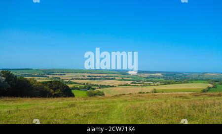 Vista su Butser Hill nel South Downs National Park Hampshire.Butser Hill è una collina di gesso in Hampshire, sulla lunga cresta del South Downs. Foto Stock