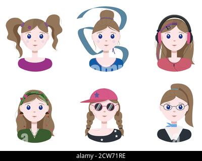 Un insieme di ragazze giovani differenti. Illustrazione piatta con le ragazze con le professioni differenti e le mode differenti. Immagine cartoon vettoriale. Carino belle ragazze con acconciature. Personaggi con personaggi diversi per bambini, scuole, annunci pubblicitari, app. Illustrazione Vettoriale