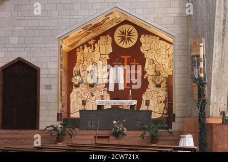 Chiesa dell'Annunciazione antica dedicazione in latino tradotta come 'sulle mura di Gerusalemme, le guardie non cessano mai di lodare il nome di Dio' Foto Stock