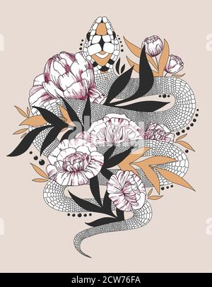 Serpente d'annata disegnato a mano con foglie nere e rosa rossa illustrazione. Disegno grafico per poster, tatuaggio, abiti, t-shirt, spille, patch Illustrazione Vettoriale