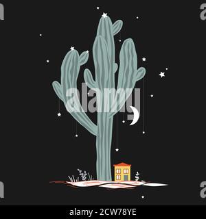 Piccola casa ai piedi di un grande e sacrale cactus saguaro. Paesaggio notturno, concetto Messico. Illustrazione vettoriale Illustrazione Vettoriale