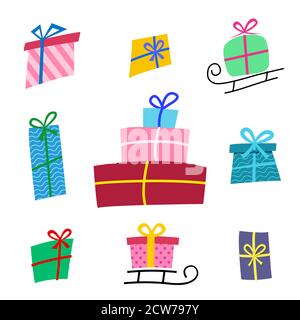 Grandi collezioni scatola di regali colorati. Le icone presenti nella scatola in stile piatto, possono essere usate per le schede per Natale o compleanno. Vendita, concetto di shopping. Illustrazione Vettoriale