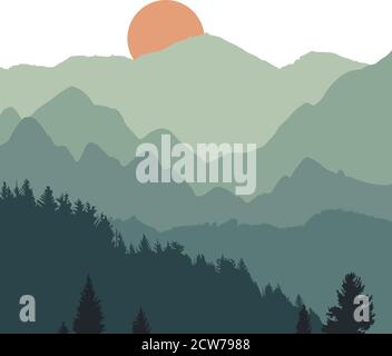 Scenario di tramonto in natura con montagne e foreste, sagome di alberi e colline in serata. Orizzontale vettoriale. Illustrazione Vettoriale