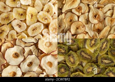 Cippato di frutta di kiwi, mele, banane e pere da vicino. Dessert di frutta vegana, dolci per bambini. Foto Stock