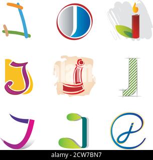 Set di 9 icone/elementi lettera astratta J per Design del logo Illustrazione Vettoriale