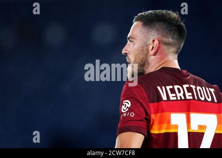 Jordan Veretout di Roma reagisce durante il campionato italiano Serie UNA partita di calcio tra ROMA E Juventus FC il 27 settembre 2020 allo Stadio Foto Stock