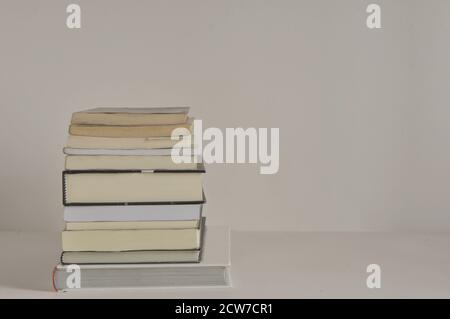 Stack di libri, libri di vari temi, vista laterale, sfondo bianco, Brasile, Sud America, spazio di copia Foto Stock