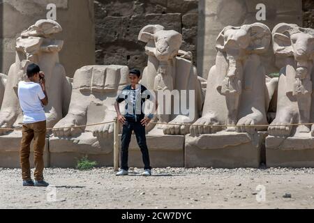 I ragazzi scattano fotografie di fronte a statue di ariete scolpite in pietra all'interno della Grande Corte al Tempio di Karnak a Luxor in Egitto. Foto Stock